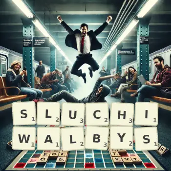 Kreatywna ilustracja do gry w Scrabble ze słowem SLUCHIWALBYS ułożonym z płytek na planszy.