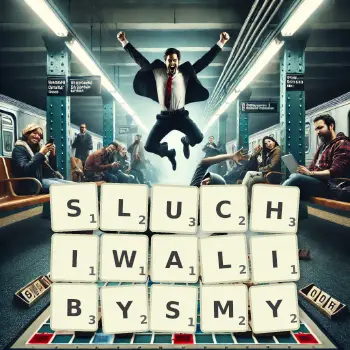 Kreatywna ilustracja do gry w Scrabble ze słowem SLUCHIWALIBYSMY ułożonym z płytek na planszy.