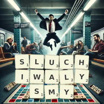 Kreatywna ilustracja do gry w Scrabble ze słowem SLUCHIWALYSMY ułożonym z płytek na planszy.