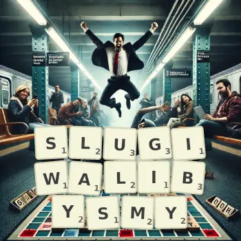 Kreatywna ilustracja do gry w Scrabble ze słowem SLUGIWALIBYSMY ułożonym z płytek na planszy.