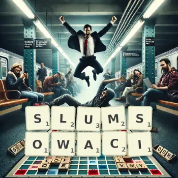 Kreatywna ilustracja do gry w Scrabble ze słowem SLUMSOWACI ułożonym z płytek na planszy.