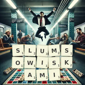 Kreatywna ilustracja do gry w Scrabble ze słowem SLUMSOWISKAMI ułożonym z płytek na planszy.