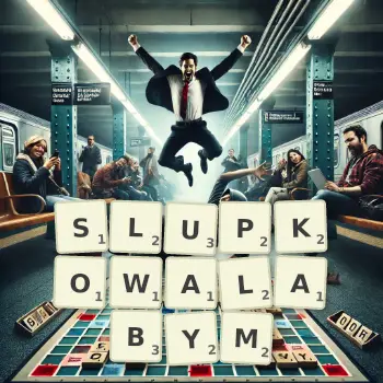 Kreatywna ilustracja do gry w Scrabble ze słowem SLUPKOWALABYM ułożonym z płytek na planszy.