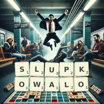 Kreatywna ilustracja do gry w Scrabble ze słowem SLUPKOWALO ułożonym z płytek na planszy.