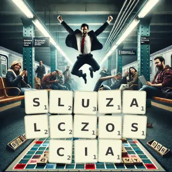 Kreatywna ilustracja do gry w Scrabble ze słowem SLUZALCZOSCIA ułożonym z płytek na planszy.