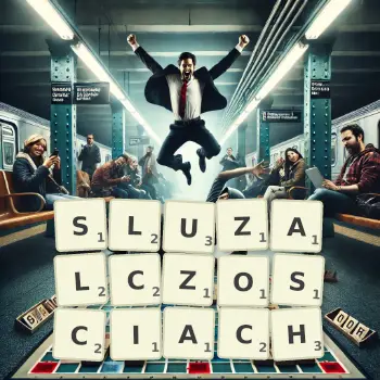 Kreatywna ilustracja do gry w Scrabble ze słowem SLUZALCZOSCIACH ułożonym z płytek na planszy.