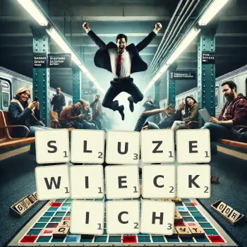 Kreatywna ilustracja do gry w Scrabble ze słowem SLUZEWIECKICH ułożonym z płytek na planszy.