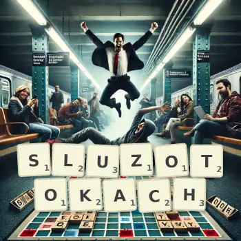 Kreatywna ilustracja do gry w Scrabble ze słowem SLUZOTOKACH ułożonym z płytek na planszy.