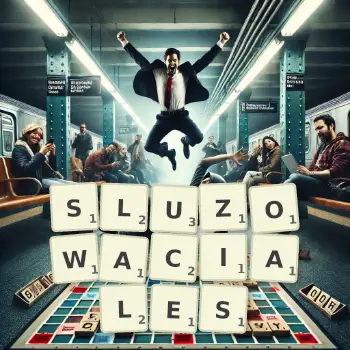 Kreatywna ilustracja do gry w Scrabble ze słowem SLUZOWACIALES ułożonym z płytek na planszy.