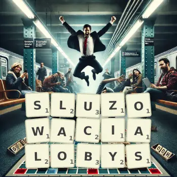 Kreatywna ilustracja do gry w Scrabble ze słowem SLUZOWACIALOBYS ułożonym z płytek na planszy.