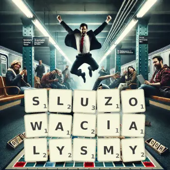 Kreatywna ilustracja do gry w Scrabble ze słowem SLUZOWACIALYSMY ułożonym z płytek na planszy.