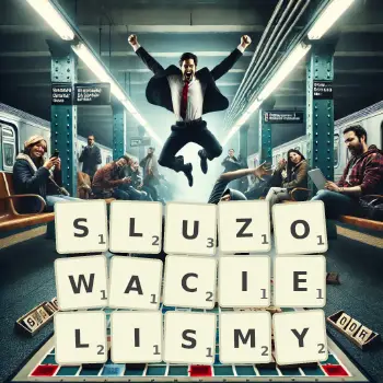 Kreatywna ilustracja do gry w Scrabble ze słowem SLUZOWACIELISMY ułożonym z płytek na planszy.