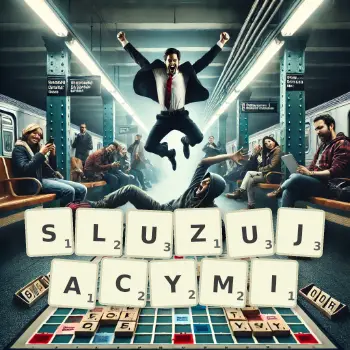 Kreatywna ilustracja do gry w Scrabble ze słowem SLUZUJACYMI ułożonym z płytek na planszy.