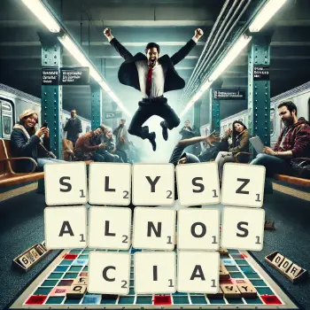 Kreatywna ilustracja do gry w Scrabble ze słowem SLYSZALNOSCIA ułożonym z płytek na planszy.