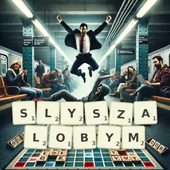 Kreatywna ilustracja do gry w Scrabble ze słowem SLYSZALOBYM ułożonym z płytek na planszy.