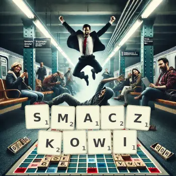Kreatywna ilustracja do gry w Scrabble ze słowem SMACZKOWI ułożonym z płytek na planszy.