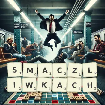 Kreatywna ilustracja do gry w Scrabble ze słowem SMACZLIWKACH ułożonym z płytek na planszy.