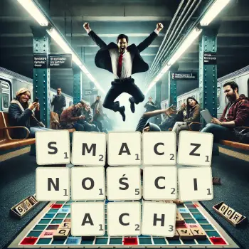 Kreatywna ilustracja do gry w Scrabble ze słowem SMACZNOŚCIACH ułożonym z płytek na planszy.