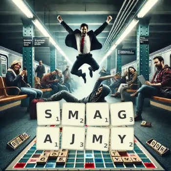 Kreatywna ilustracja do gry w Scrabble ze słowem SMAGAJMY ułożonym z płytek na planszy.