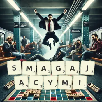 Kreatywna ilustracja do gry w Scrabble ze słowem SMAGAJĄCYMI ułożonym z płytek na planszy.