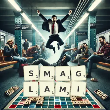 Kreatywna ilustracja do gry w Scrabble ze słowem SMAGLAMI ułożonym z płytek na planszy.