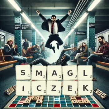 Kreatywna ilustracja do gry w Scrabble ze słowem SMAGLICZEK ułożonym z płytek na planszy.