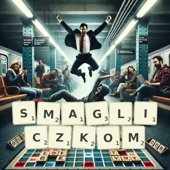 Kreatywna ilustracja do gry w Scrabble ze słowem SMAGLICZKOM ułożonym z płytek na planszy.