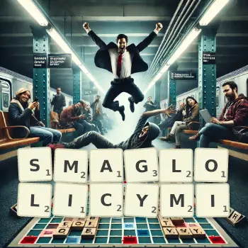 Kreatywna ilustracja do gry w Scrabble ze słowem SMAGLOLICYMI ułożonym z płytek na planszy.
