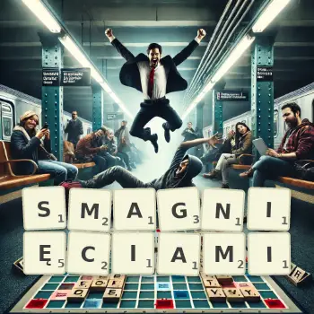 Kreatywna ilustracja do gry w Scrabble ze słowem SMAGNIĘCIAMI ułożonym z płytek na planszy.