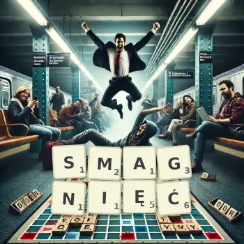 Kreatywna ilustracja do gry w Scrabble ze słowem SMAGNIĘĆ ułożonym z płytek na planszy.