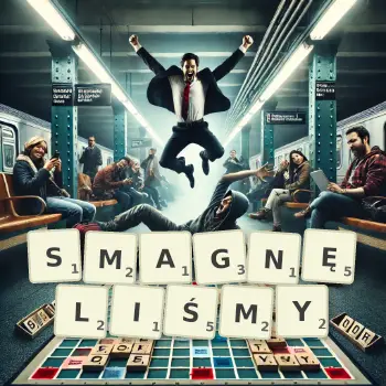 Kreatywna ilustracja do gry w Scrabble ze słowem SMAGNĘLIŚMY ułożonym z płytek na planszy.