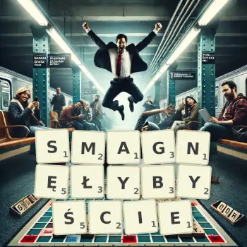 Kreatywna ilustracja do gry w Scrabble ze słowem SMAGNĘŁYBYŚCIE ułożonym z płytek na planszy.