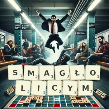 Kreatywna ilustracja do gry w Scrabble ze słowem SMAGŁOLICYM ułożonym z płytek na planszy.
