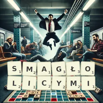 Kreatywna ilustracja do gry w Scrabble ze słowem SMAGŁOLICYMI ułożonym z płytek na planszy.