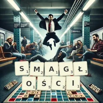 Kreatywna ilustracja do gry w Scrabble ze słowem SMAGŁOŚCI ułożonym z płytek na planszy.