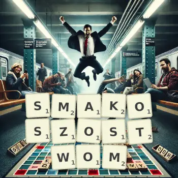 Kreatywna ilustracja do gry w Scrabble ze słowem SMAKOSZOSTWOM ułożonym z płytek na planszy.