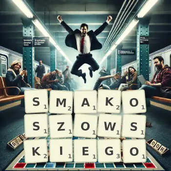Kreatywna ilustracja do gry w Scrabble ze słowem SMAKOSZOWSKIEGO ułożonym z płytek na planszy.