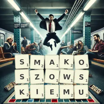 Kreatywna ilustracja do gry w Scrabble ze słowem SMAKOSZOWSKIEMU ułożonym z płytek na planszy.