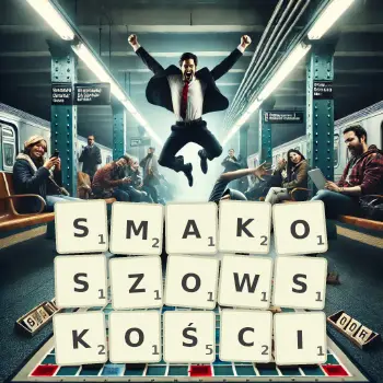 Kreatywna ilustracja do gry w Scrabble ze słowem SMAKOSZOWSKOŚCI ułożonym z płytek na planszy.