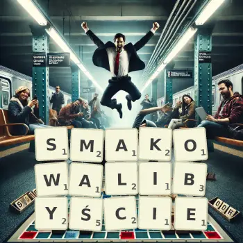 Kreatywna ilustracja do gry w Scrabble ze słowem SMAKOWALIBYŚCIE ułożonym z płytek na planszy.