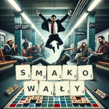 Kreatywna ilustracja do gry w Scrabble ze słowem SMAKOWAŁY ułożonym z płytek na planszy.