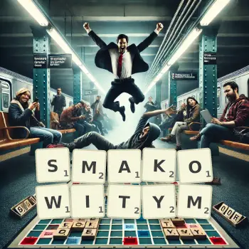 Kreatywna ilustracja do gry w Scrabble ze słowem SMAKOWITYM ułożonym z płytek na planszy.