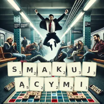 Kreatywna ilustracja do gry w Scrabble ze słowem SMAKUJĄCYMI ułożonym z płytek na planszy.