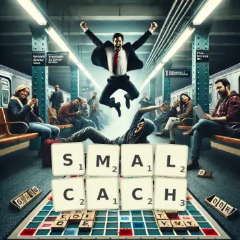 Kreatywna ilustracja do gry w Scrabble ze słowem SMALCACH ułożonym z płytek na planszy.