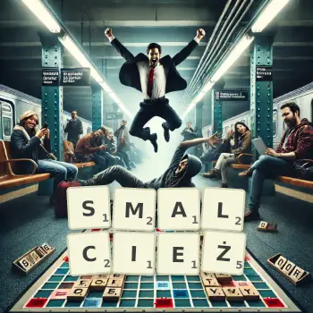Kreatywna ilustracja do gry w Scrabble ze słowem SMALCIEŻ ułożonym z płytek na planszy.