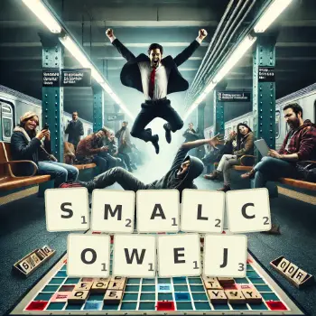 Kreatywna ilustracja do gry w Scrabble ze słowem SMALCOWEJ ułożonym z płytek na planszy.