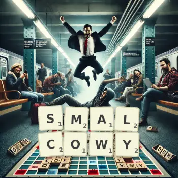 Kreatywna ilustracja do gry w Scrabble ze słowem SMALCOWY ułożonym z płytek na planszy.