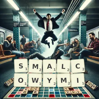 Kreatywna ilustracja do gry w Scrabble ze słowem SMALCOWYMI ułożonym z płytek na planszy.