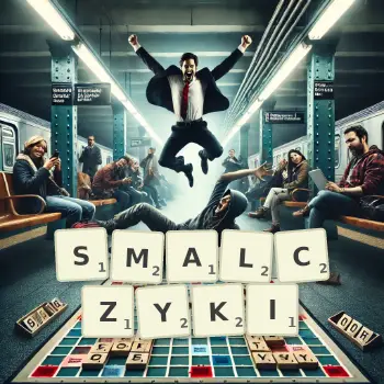 Kreatywna ilustracja do gry w Scrabble ze słowem SMALCZYKI ułożonym z płytek na planszy.