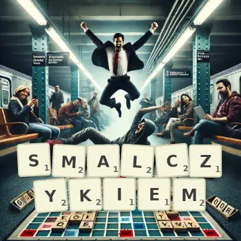 Kreatywna ilustracja do gry w Scrabble ze słowem SMALCZYKIEM ułożonym z płytek na planszy.